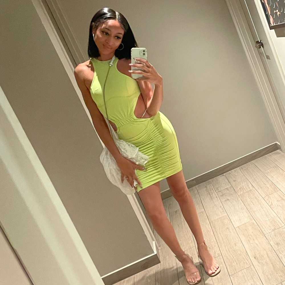 Lime/Neon Green Cut out Ruched Bodycon Mini Dress, + a chain belt on the waist.